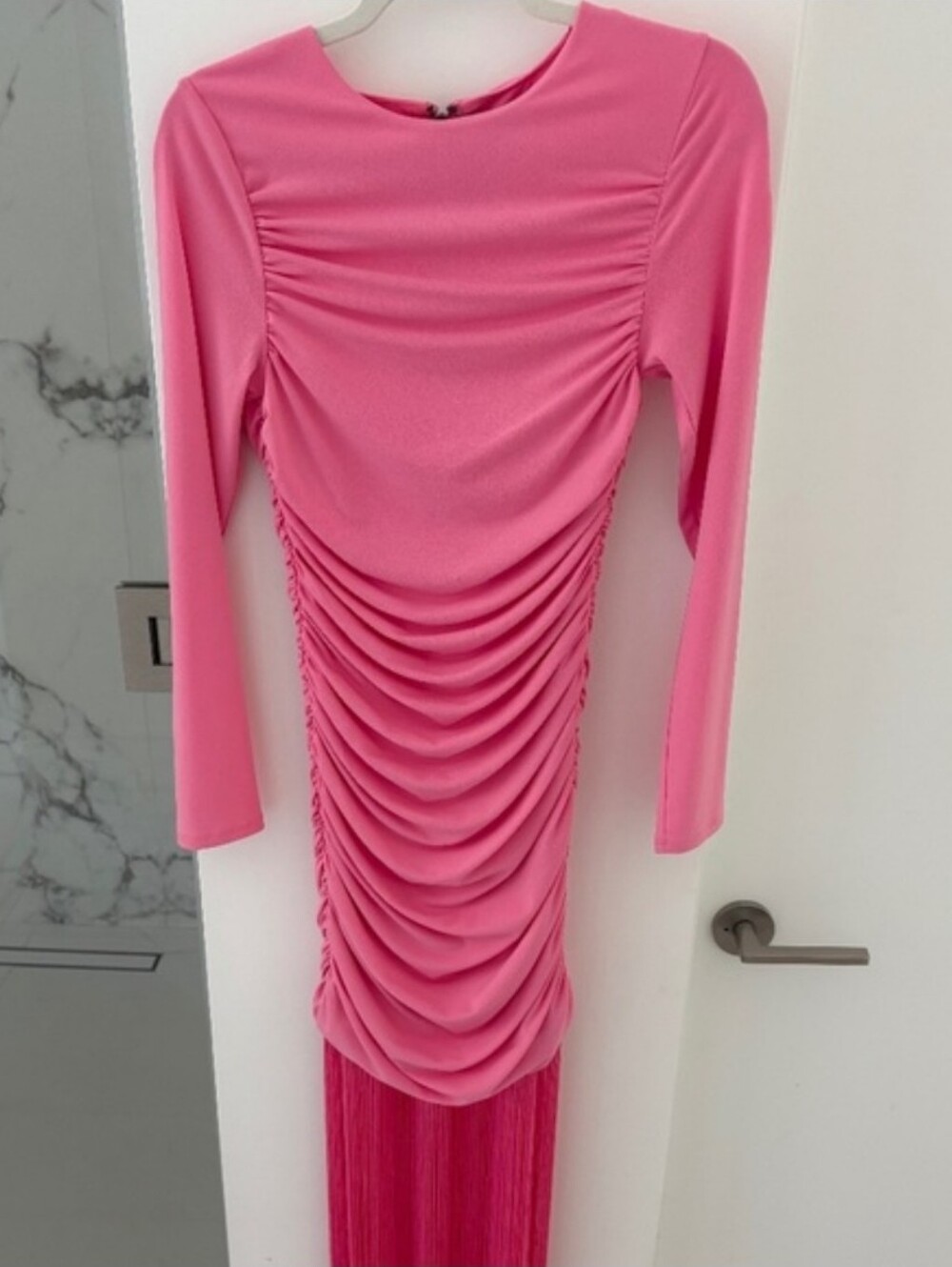 Alice + Olivia Hot Pink Ruched Long-Sleeve Fringe Dress